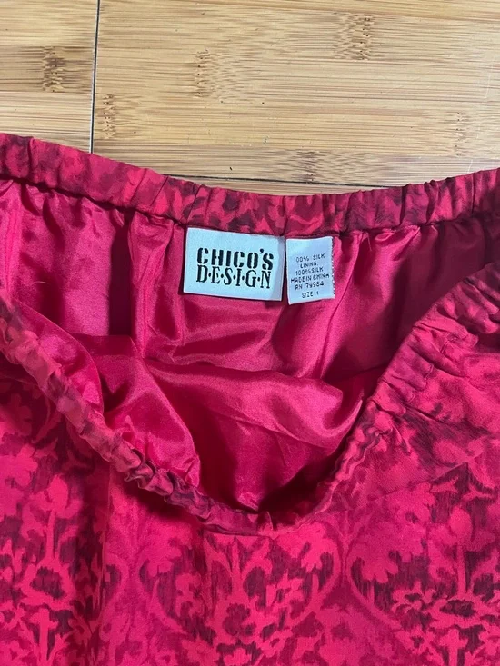 Y2K Chico's Red Damask Asymmetrical Point-Hem Flame Maxi Silk Skirt Whimsigoth - Picture 4 of 8